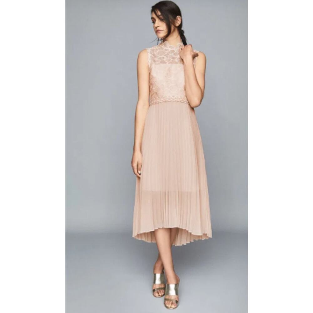 Reiss Blush Pink Lace Bodice Pleated Midi Dress